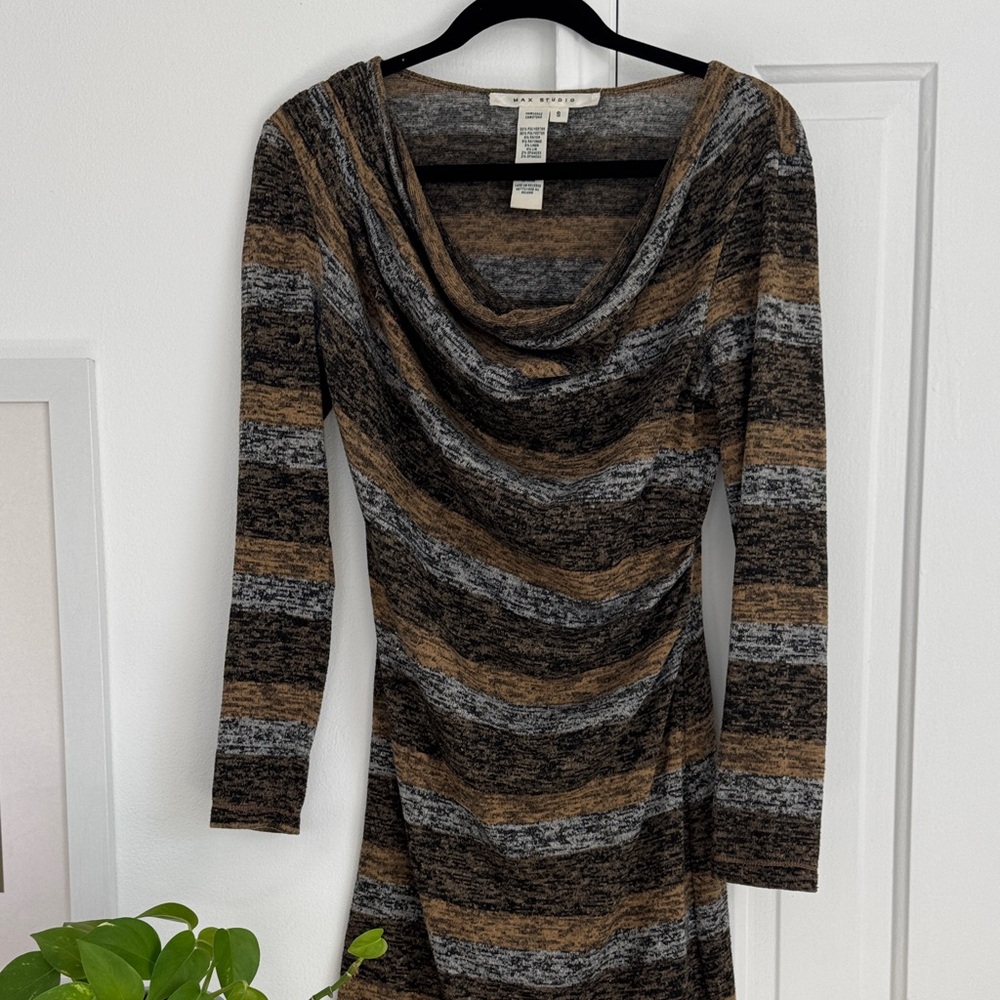 Max Studio Brown and Gray Striped Long Sleeve Dress